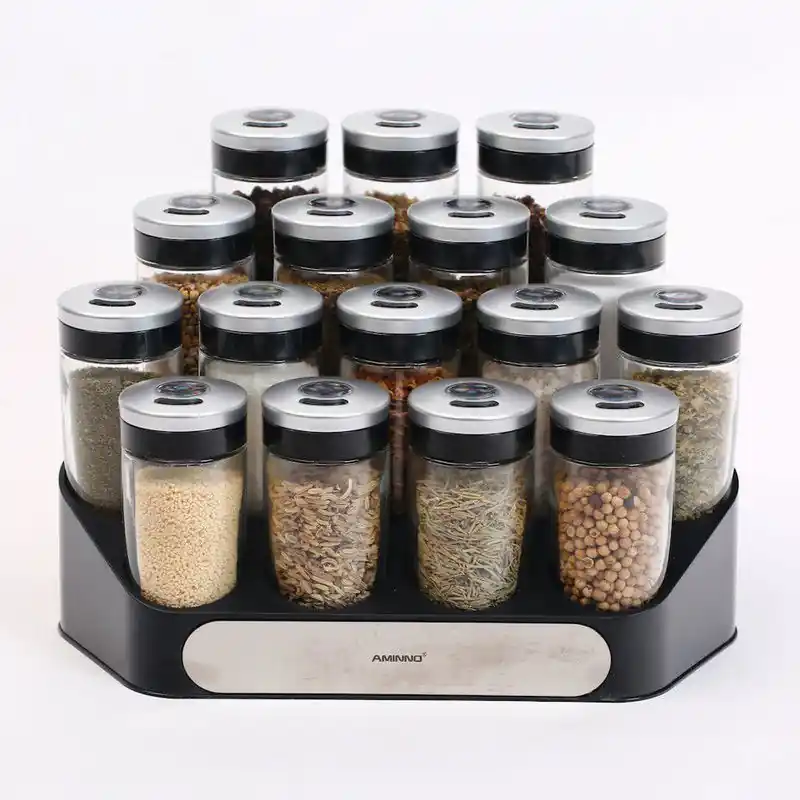 Decopatent® Kruidenrek Incl. 16 glazen kruiden potjes - Rvs strooideksel - Staand Kruiden & Specerijen rek - Kruidenpotjes glas Topkwaliteit