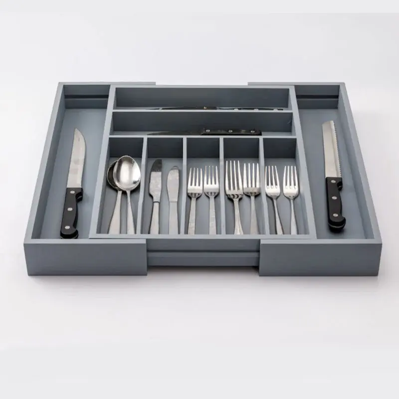 Decopatent® Uitschuifbaar bestekbak - Besteklade - 7 Vaks -> Uitschuifbaar naar 9 Vakken - Bestekbakken organizer - Bamboe - Grijs Origineel