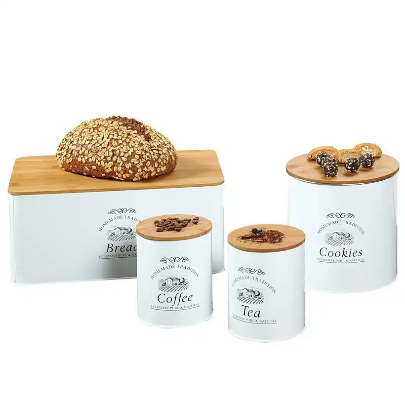 Metalen Broodtrommel - Met FSC Houten Bamboe Brood Snijplank - Opschrift: Bread - Brooddoos - Brood Trommel - Afm 32.5x21x15 Cm Lage Kosten