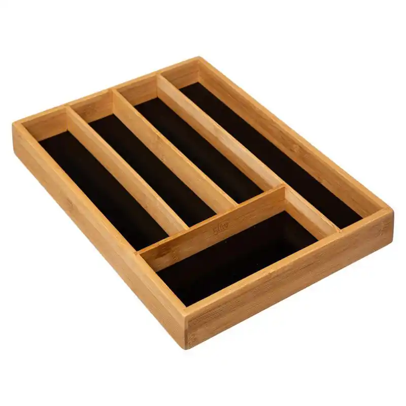 Limited Edition Decopatent® Bamboe Bestekbak 5 Vaks - Besteklade Organizer Zwarte Inleg - Bestek Opbergen - Bestekcassette - Hout - 25x34x4.3 Cm