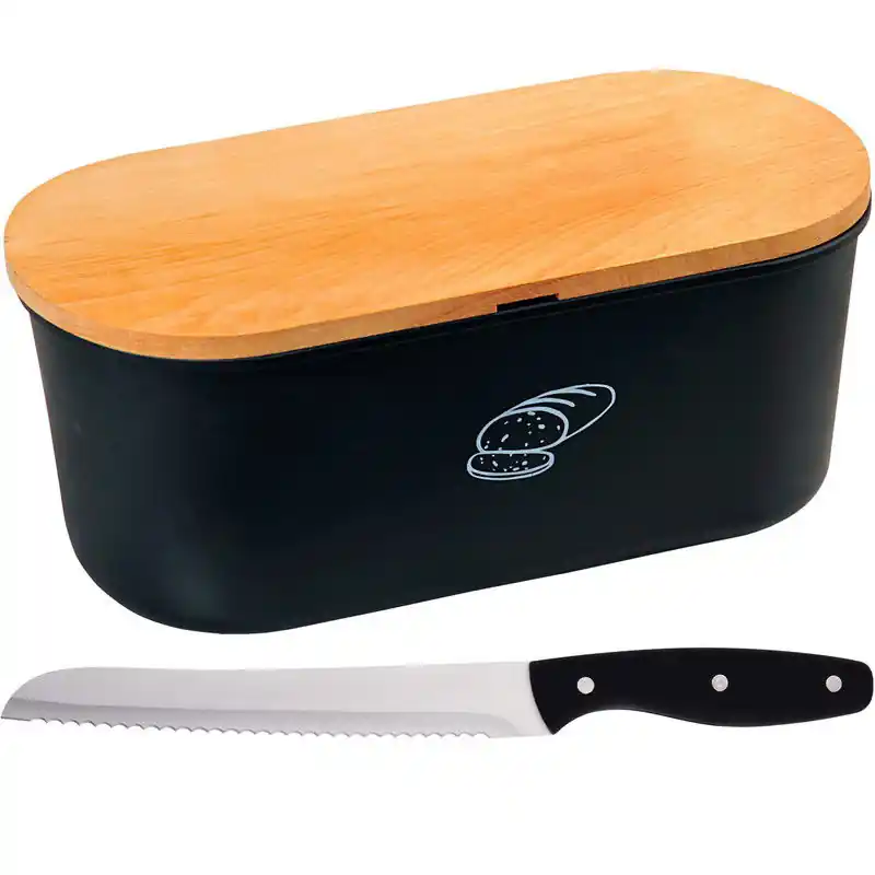 Zwarte broodbak met snijplank en zwart/zilver broodmes/bakkersmes 18 x 34 x 14 cm - Broodtrommels Populair