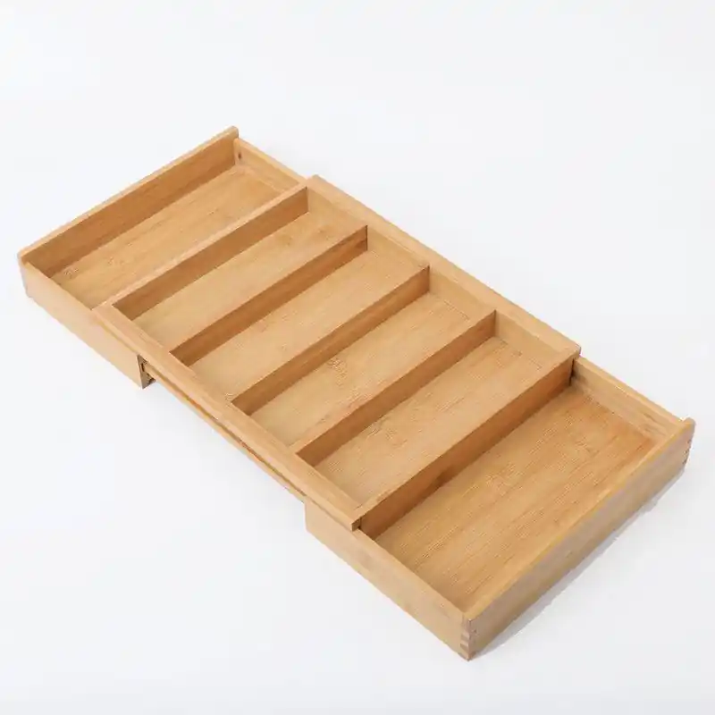 Gecertificeerd Decopatent® Uitschuifbare bestekbak 4 Vaks -> Uitschuifbaar naar 6 Vaks - Keukenla Bestek organizer bamboe hout - 55 x 33 x 5 Cm.