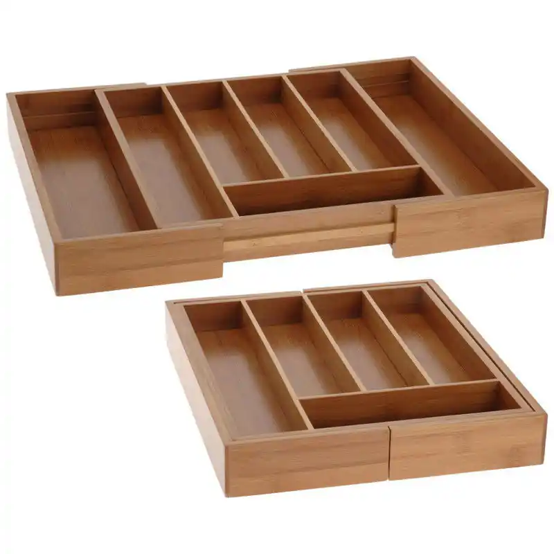 Korting Excellent Houseware Uitschuifbare bestekbak - bamboe hout - 45 x 34 cm - Bestekbakken