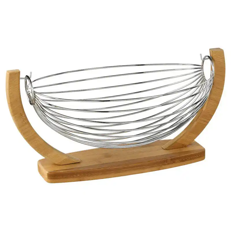 Decopatent® Fruitschaal in hangend mandje - Schaal voor fruit - Design Fruitmand - Metaal - Bamboe - Afm 36 x 21 x 18.5 Cm Topkwaliteit