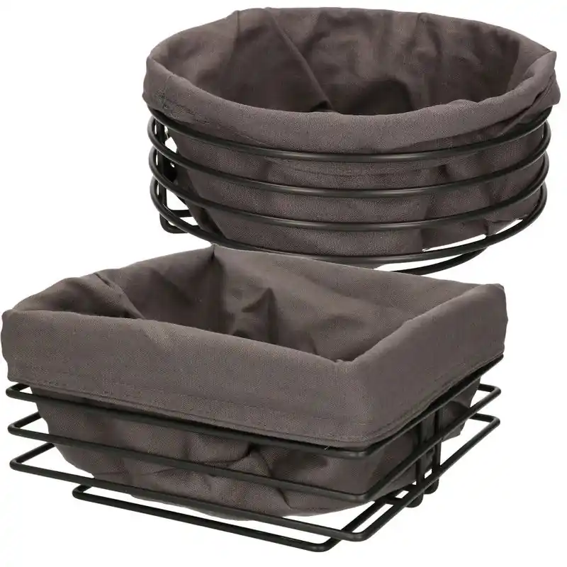 Professioneel Set van 2 broodmanden/serveermanden rond en vierkant zwart metaal/katoen 23 cm - broodmand