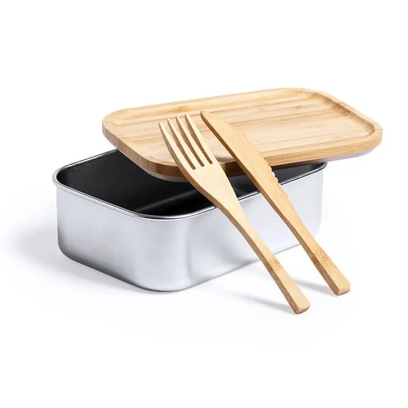 In De Mode Lunchbox/broodtrommel met bestek - bamboe/rvs - 16 x 11 x 5.6 cm - Broodtrommels