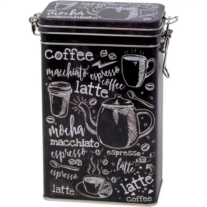 Direct Beschikbaar Koffieblik/bewaarblik - zwart - cafe print - 19 cm - rechthoekig - Voorraadblikken