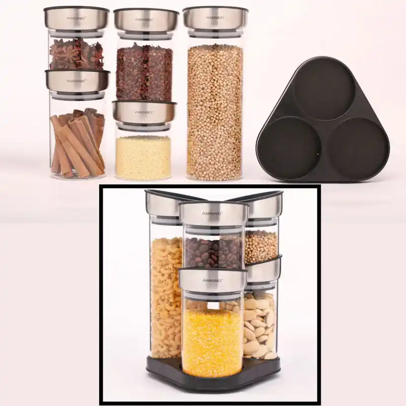 Decopatent® 6 Delige SET Voorraadpotten van Glas met Rvs Deksels - Carrousel - 360° draaibaar - Luchtdichte glazen - Voorraadbus Betrouwbaar