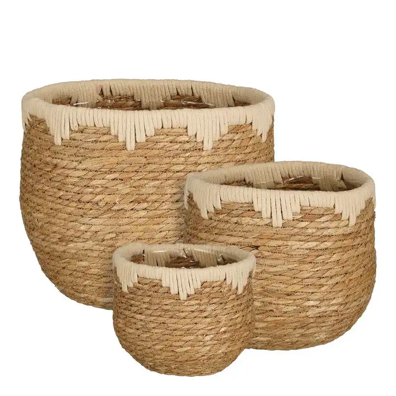 Actieprijs Mica Decorations Jorck Plantenmand - Set van 3 - H24 x Ø26 cm - Zeegras - Beige, Bruin
