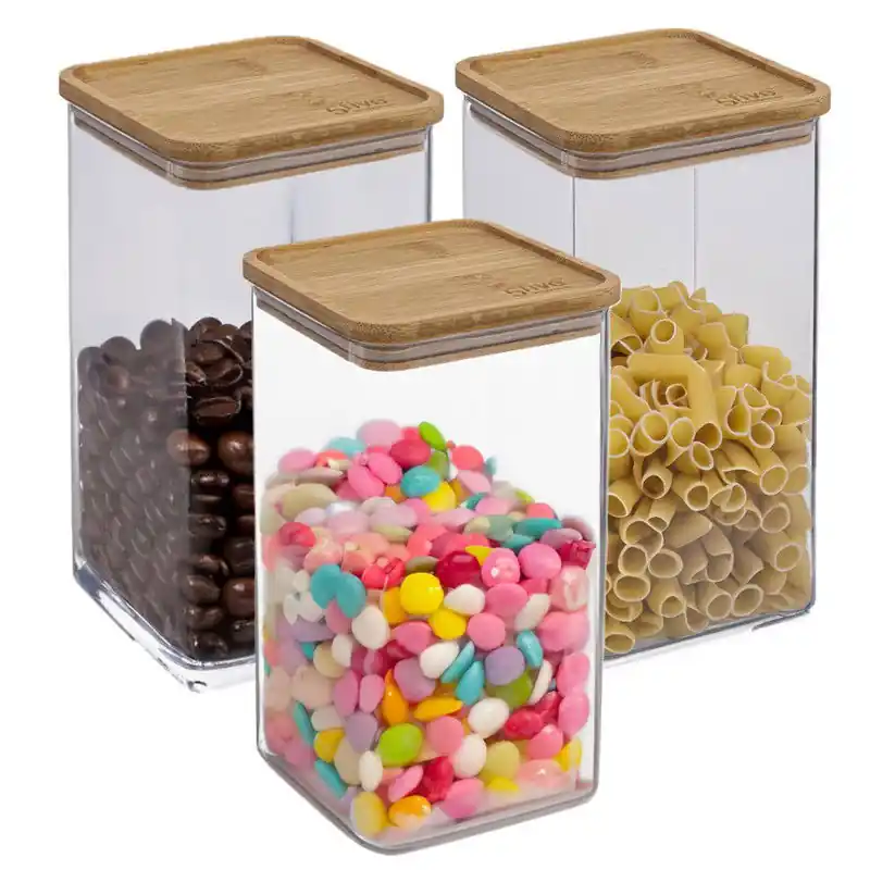 3x stuks voedsel bewaren keuken voorraadpot - kunststof/bamboe - 1500 ml - Voorraadpot Fabrieksprijs