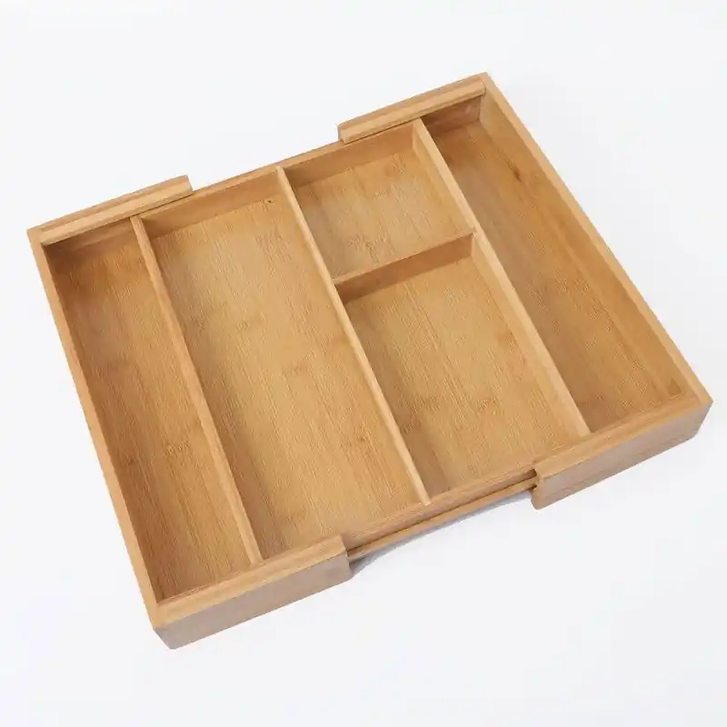 Authentiek Decopatent® Uitschuifbare bestekbak 3 Vaks -> Uitschuifbaar naar 5 Vaks - Keukenla Bestek organizer bamboe hout - 43.5 x 36 x 6 Cm