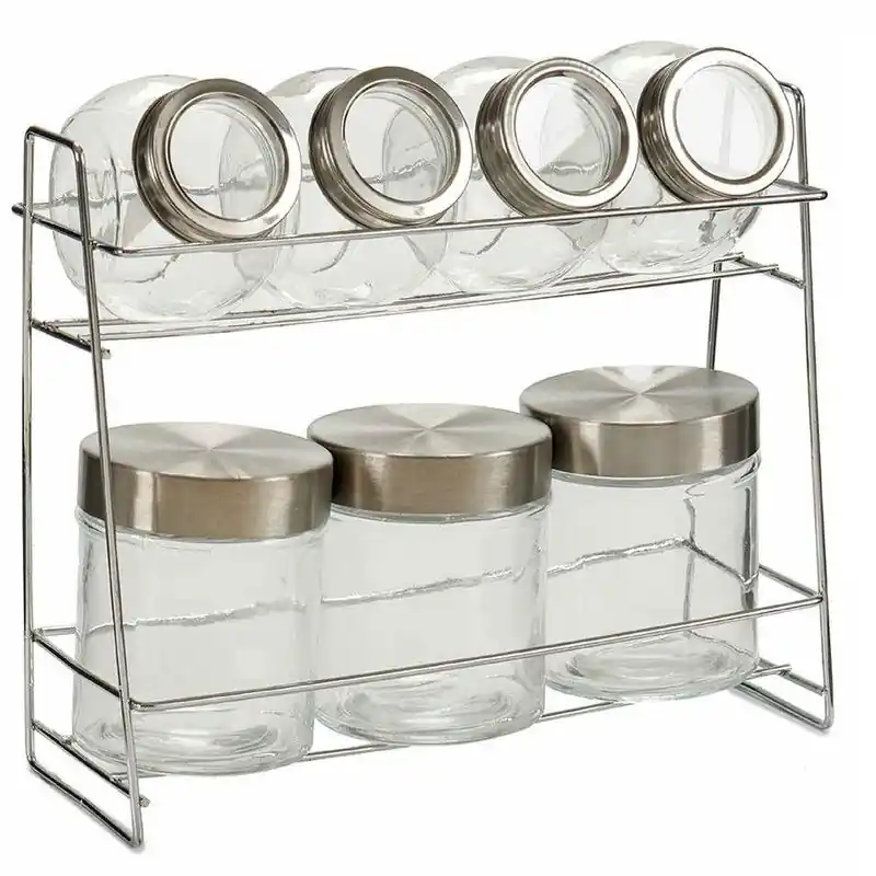 Finale Uitverkoop Kruidenrekje met 7 kruidenpotjes 27 cm van metaal/glas - Kruidenrekken