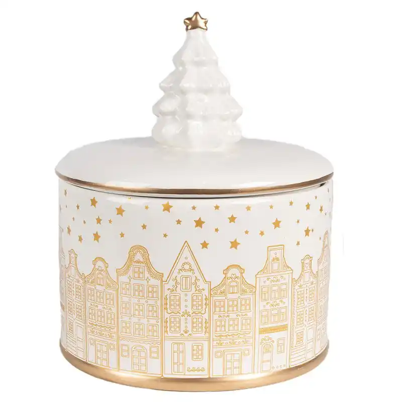 Seizoensaanbieding Clayre & Eef Voorraadpot Deksel Ø 15x19 cm Wit Goudkleurig Keramisch materiaal Huizen