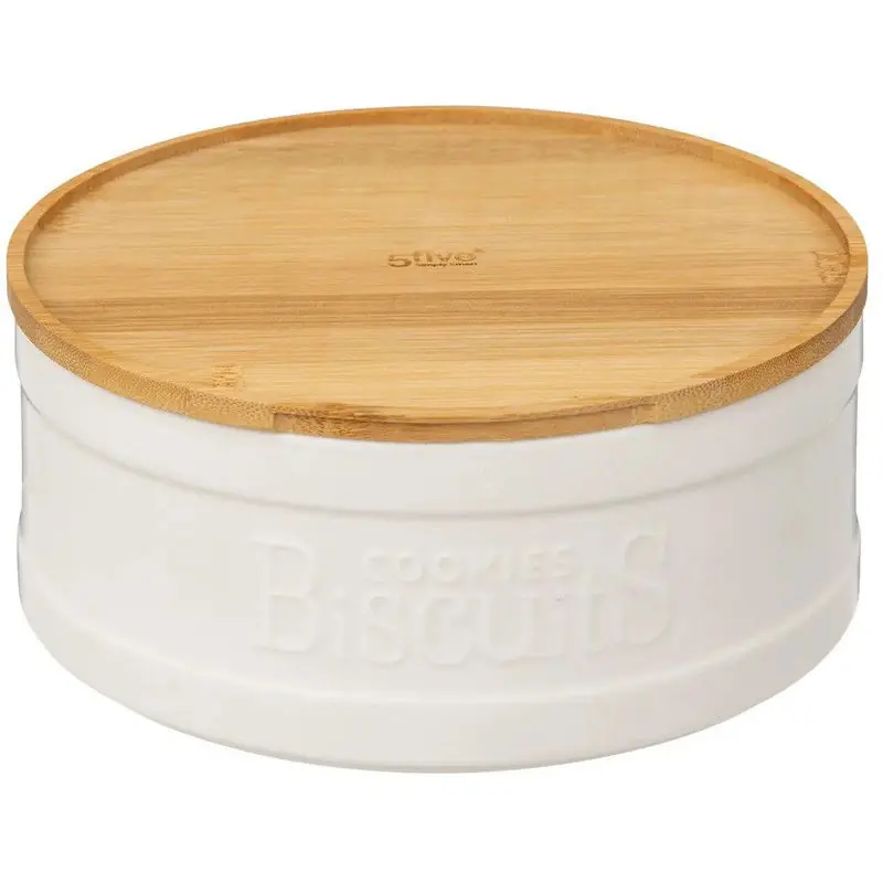 5Five koektrommel Biscuits - keramiek - bamboe deksel - beige -23x10cm - Voorraadblikken Garantie Inbegrepen