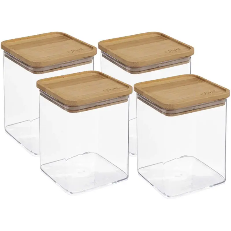 4x stuks voedsel bewaren keuken voorraadpot - kunststof/bamboe - 1000 ml - Voorraadpot Bestel Nu