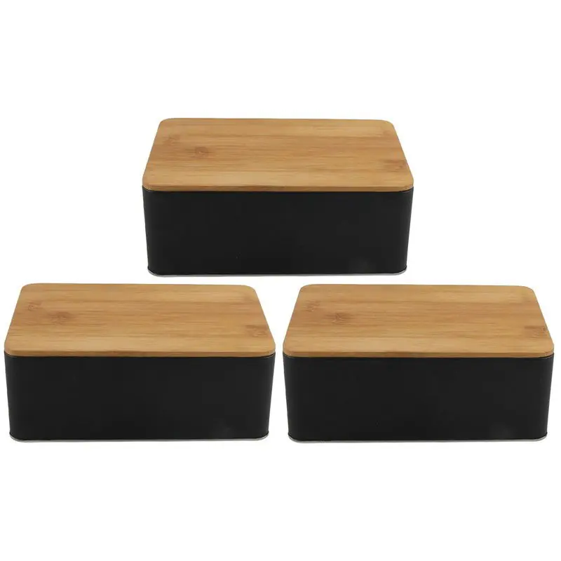 Opbergblik - 3x - zwart - bamboe deksel - 1,7L - 19x13 cm - bewaarblik - Voorraadblikken Rechtstreeks Van De Fabrikant