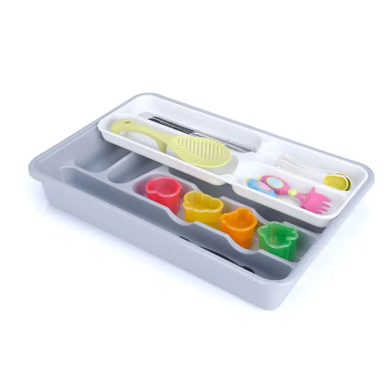 Rechtstreeks Van De Fabrikant Decopatent® Besteklade - 10 Vakken - Bestekbak - Kunstof - Bestekbakken - Keukenla bestek organizer - 29 x 43 x 7 Cm - Wit/Grijs