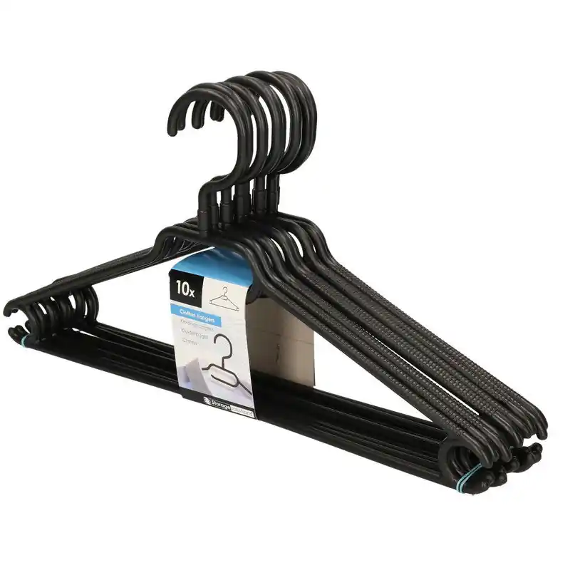 Snelle Levering Kunststof kledinghangers - zwart - 10x stuks - 40 cm met broekstang - Kledinghangers