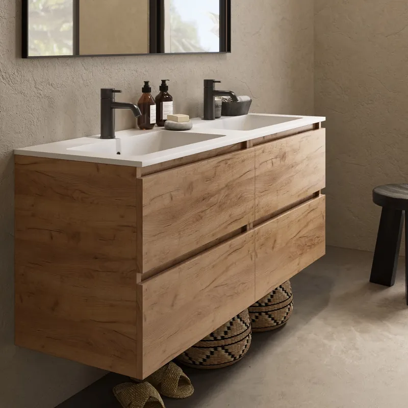 Fontana Cosmos badmeubel 120cm met dubbele wastafel en kraangaten warm eiken Exclusief