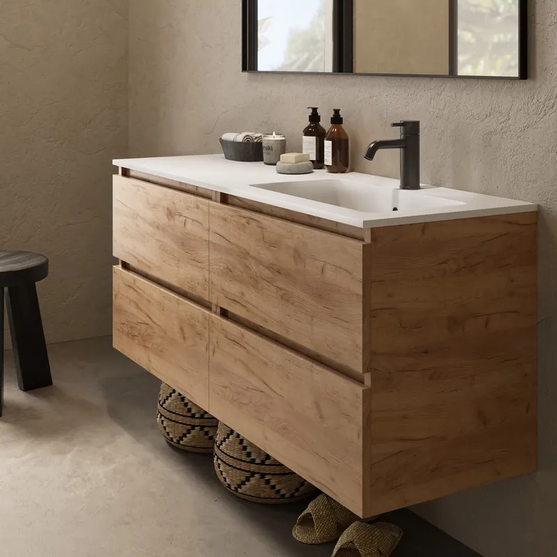 Authentiek Fontana Cosmos badmeubel 120cm met wastafel rechts en kraangat warm eiken