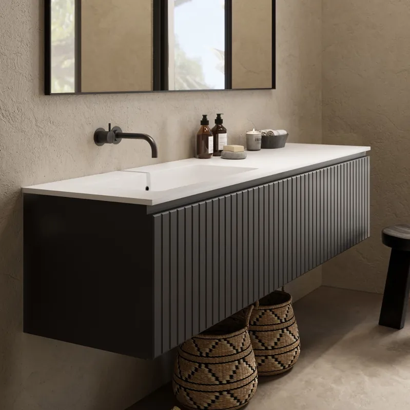 Handgemaakt Fontana Astro badmeubel ribbelfront 160cm met wastafel links zonder kraangat zwart mat