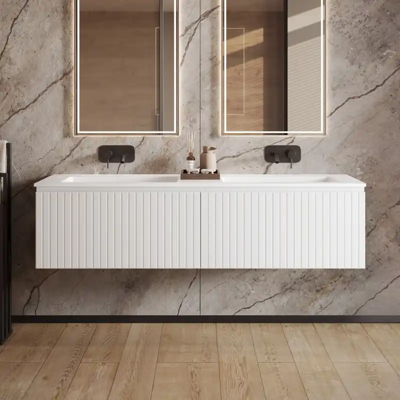 Fontana Astro badmeubel ribbelfront 160cm met dubbele wastafel zonder kraangaten wit mat Must-Have