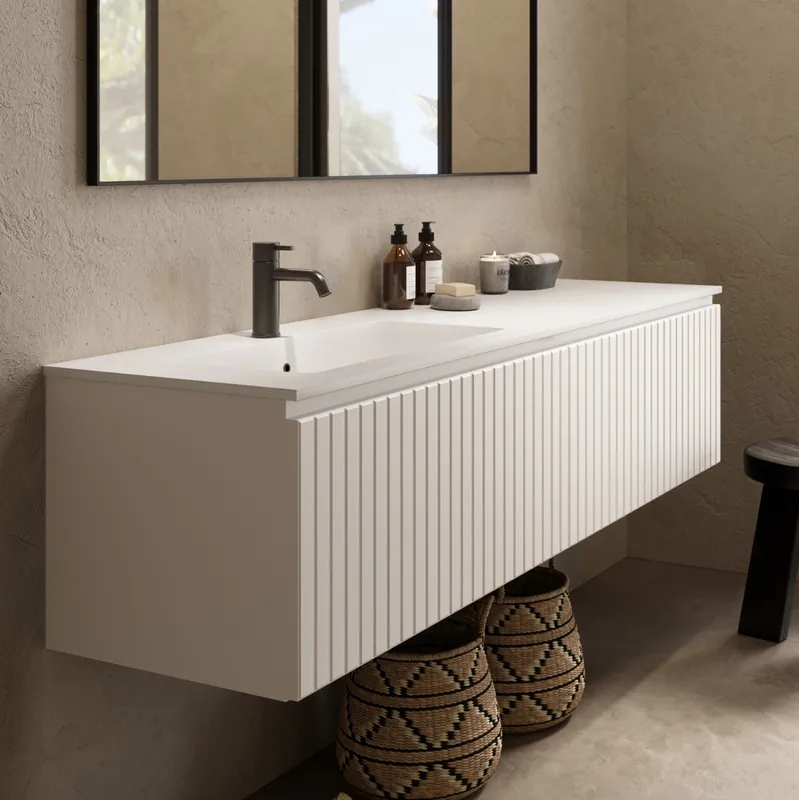 Fontana Astro badmeubel ribbelfront 160cm met wastafel links met kraangat wit mat Nieuw Model