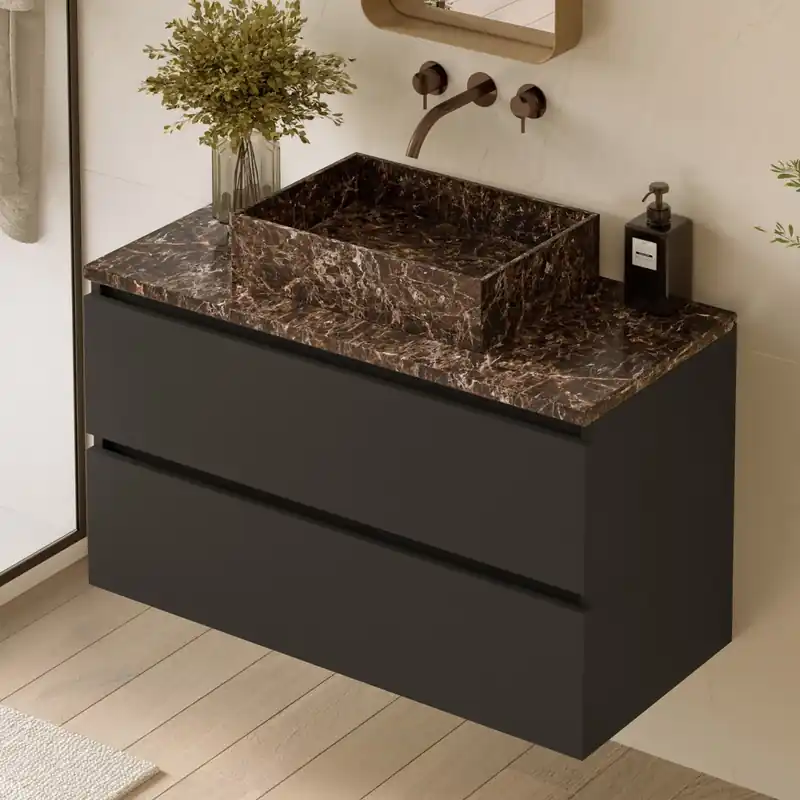 Fontana Dark Emperador badmeubel 100cm mat zwart met rechthoekige waskom en toppaneel Budget