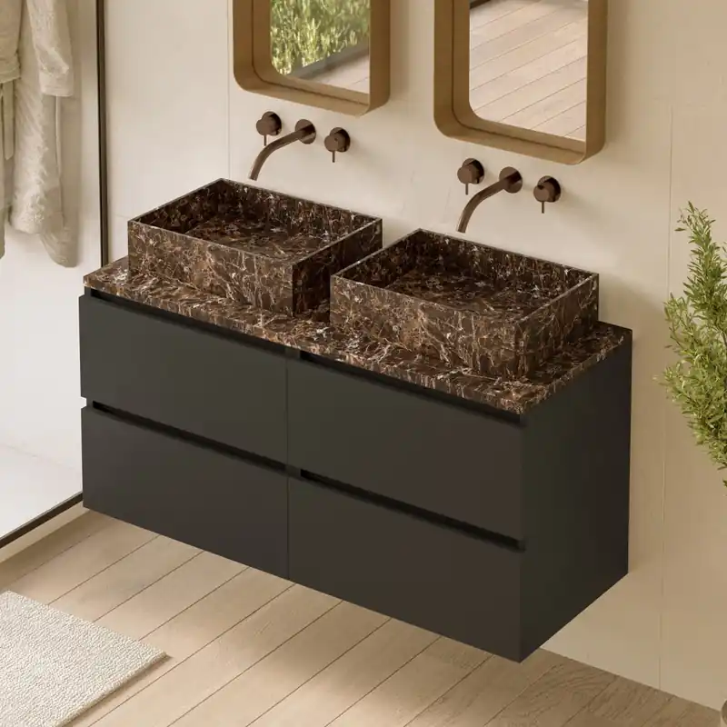 Hete Deal Fontana Dark Emperador badmeubel 120cm mat zwart met rechthoekige waskommen en toppaneel