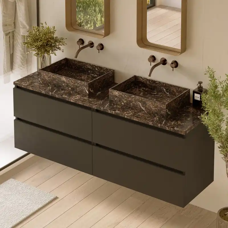 Authentiek Fontana Dark Emperador badmeubel 160cm mat zwart met rechthoekige waskommen en toppaneel
