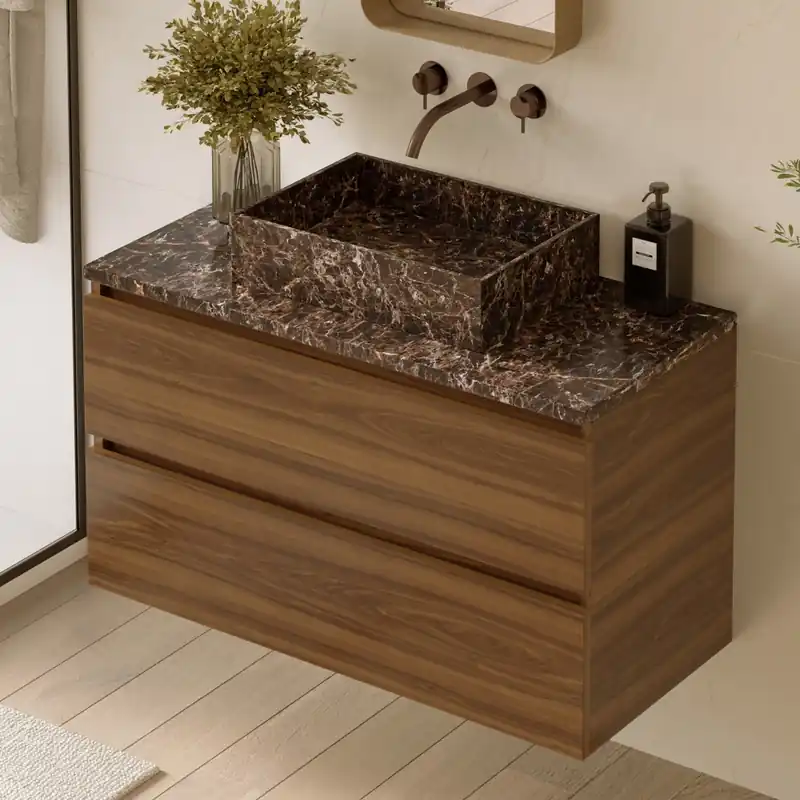Alleen Vandaag Fontana Dark Emperador badmeubel 100cm walnoot met rechthoekige waskom en toppaneel