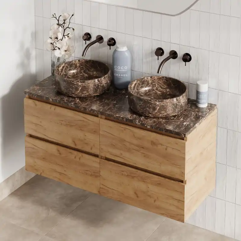 Gereduceerde Prijs Fontana Dark Emperador badmeubel 120cm warm eiken met ronde waskommen en toppaneel