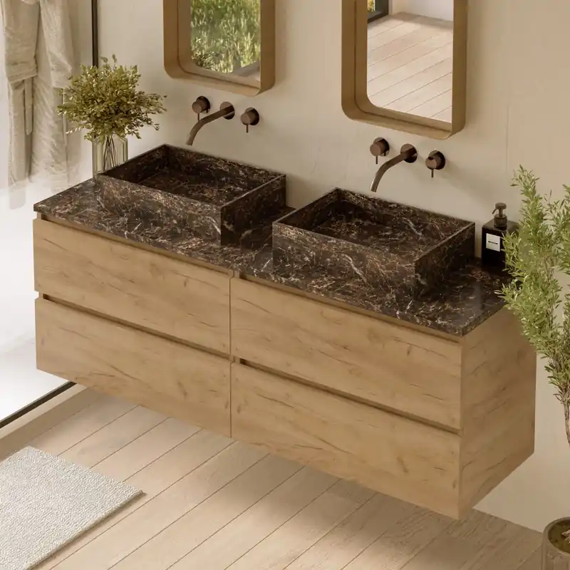 Aanbieding Fontana Dark Emperador badmeubel 160cm warm eiken met rechthoekige waskommen en toppaneel