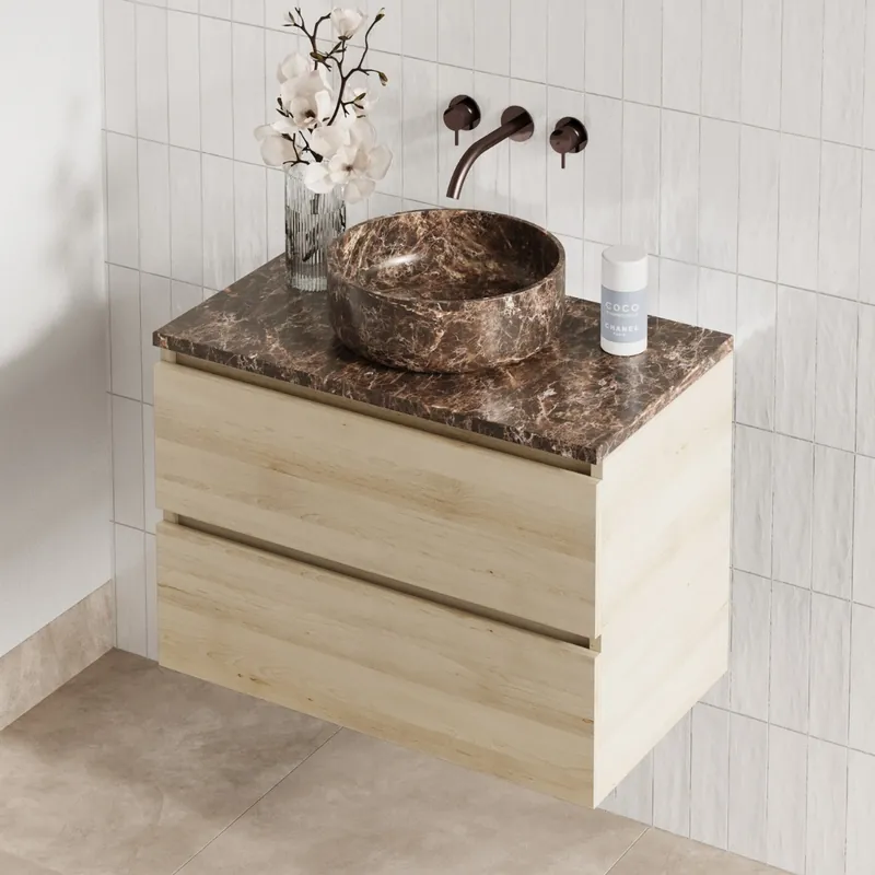 Garantie Inbegrepen Fontana Dark Emperador badmeubel 80cm beach eiken met ronde waskom en toppaneel