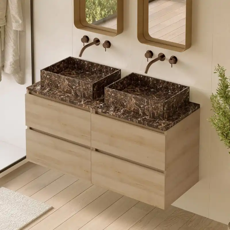 Beperkt Aanbod Fontana Dark Emperador badmeubel 120cm beach eiken met rechthoekige waskommen en toppaneel