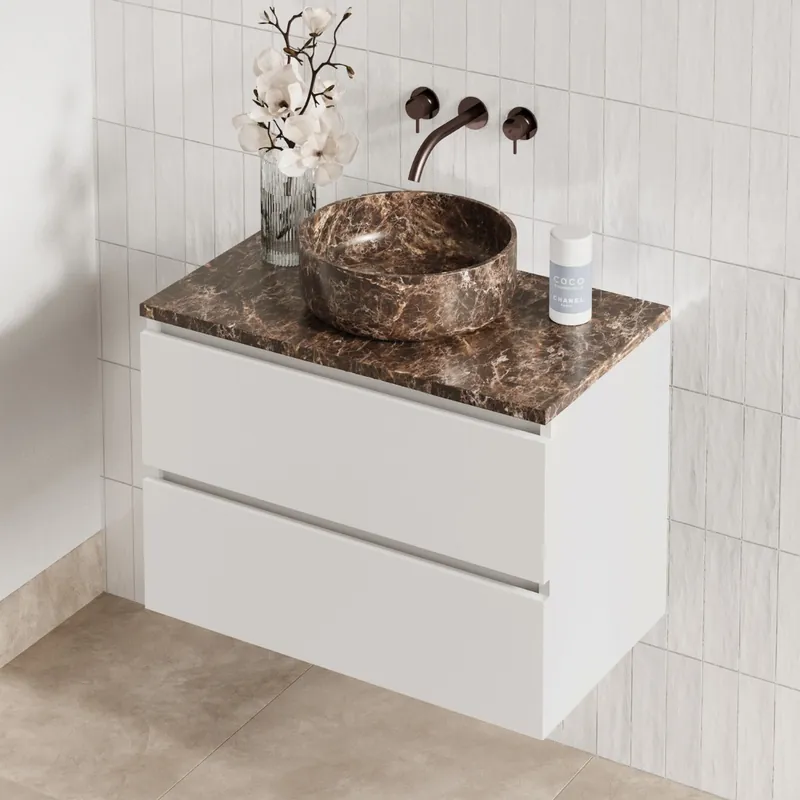 Luxe Fontana Dark Emperador badmeubel 80cm mat wit met ronde waskom en toppaneel