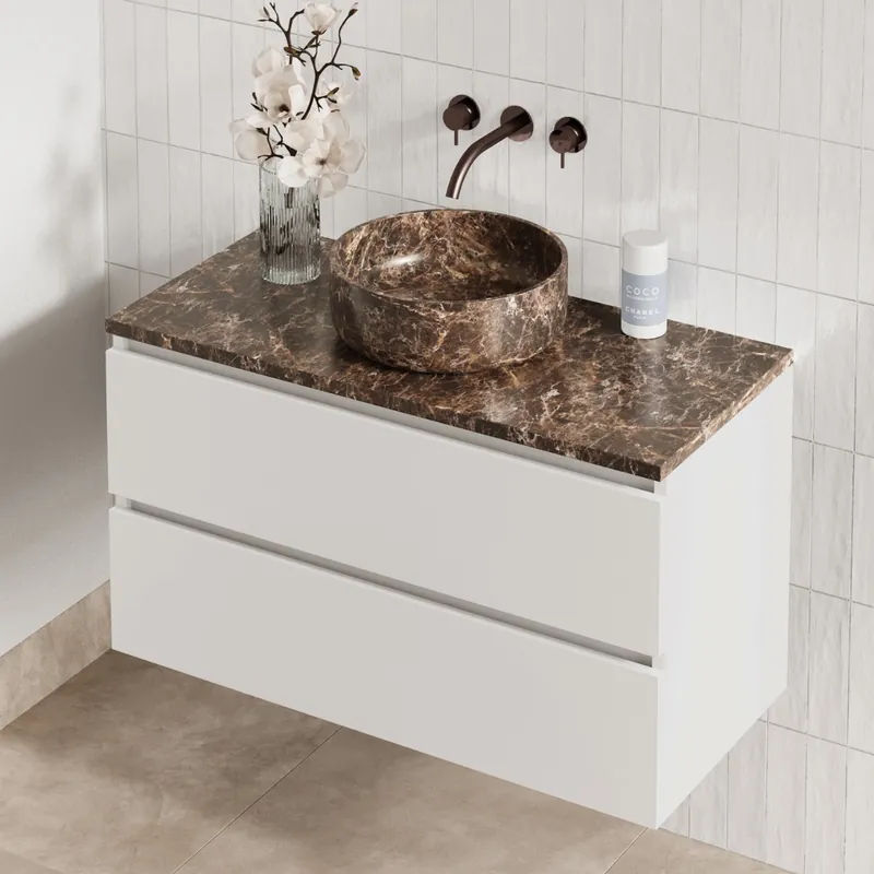 Flitsaanbieding Fontana Dark Emperador badmeubel 100cm mat wit met ronde waskom en toppaneel