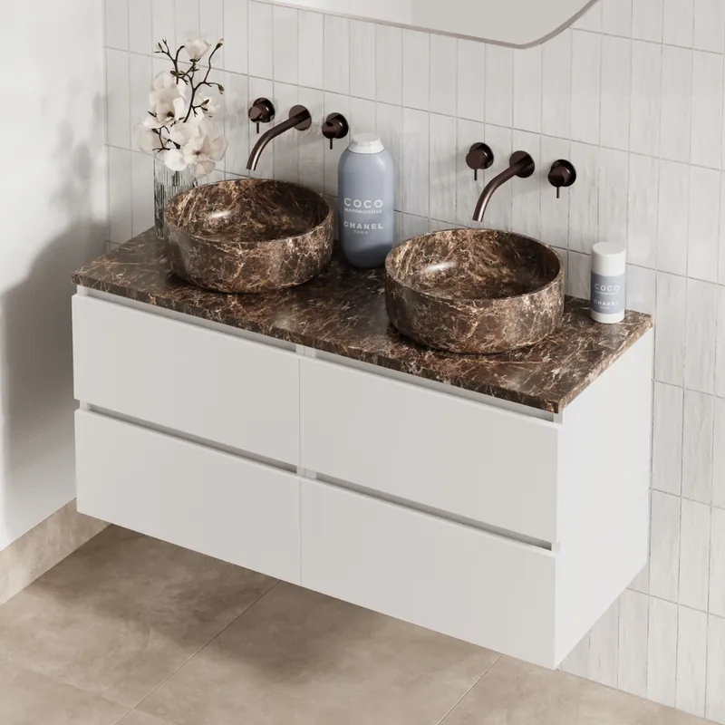 Fontana Dark Emperador badmeubel 120cm mat wit met ronde waskommen en toppaneel Weekendaanbieding