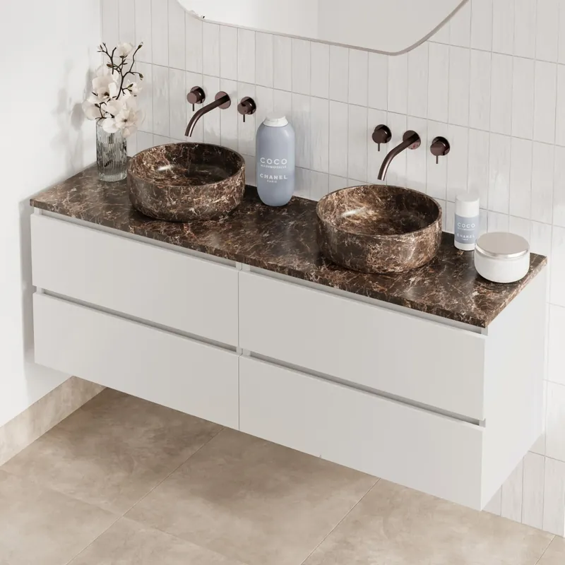 Fontana Dark Emperador badmeubel 160cm mat wit met ronde waskommen en toppaneel Gratis Verzending