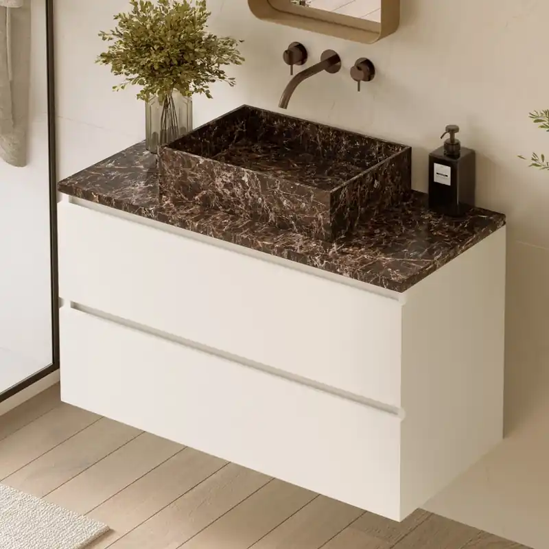 Fontana Dark Emperador badmeubel 100cm mat wit met rechthoekige waskom en toppaneel Meest Verkocht