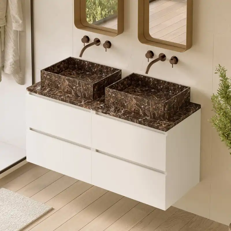 Exclusieve Aanbieding Fontana Dark Emperador badmeubel 120cm mat wit met rechthoekige waskommen en toppaneel