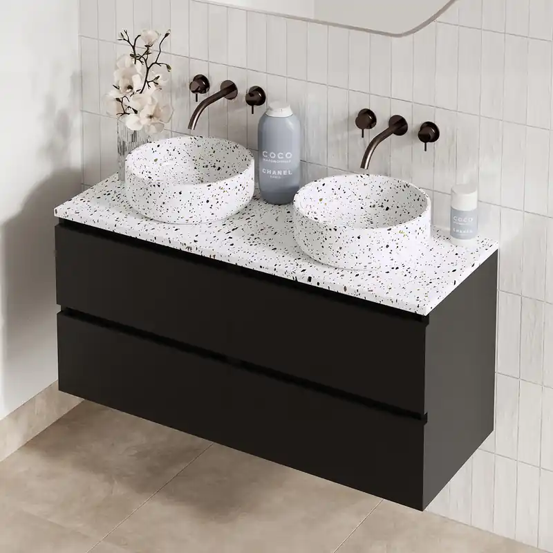 Koopje Fontana Terrazzo badmeubel 120cm mat zwart met ronde waskommen en toppaneel