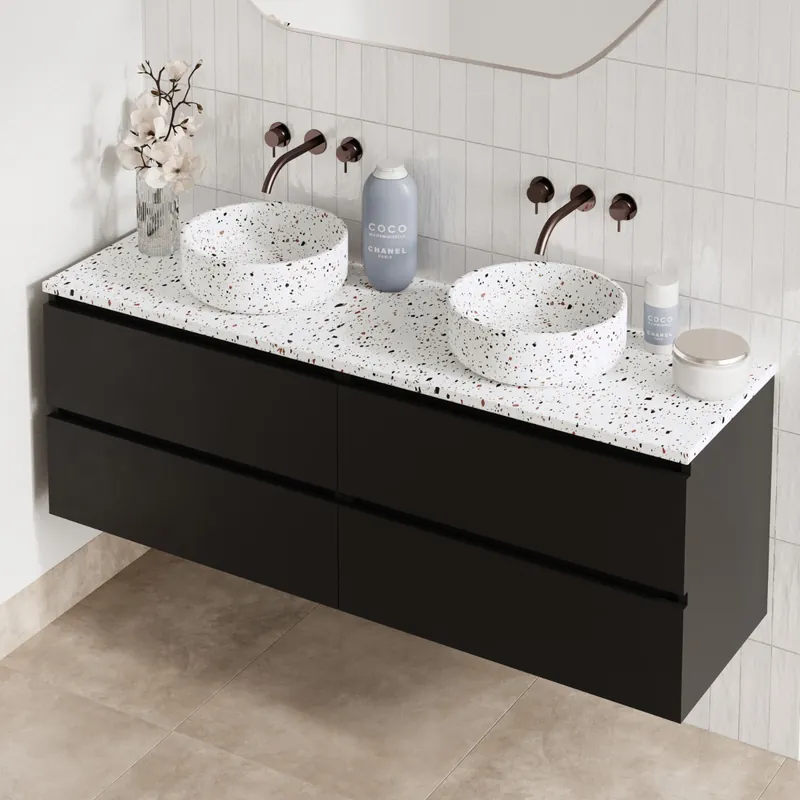 Fontana Terrazzo badmeubel 160cm mat zwart met ronde waskommen en toppaneel Weekendaanbieding