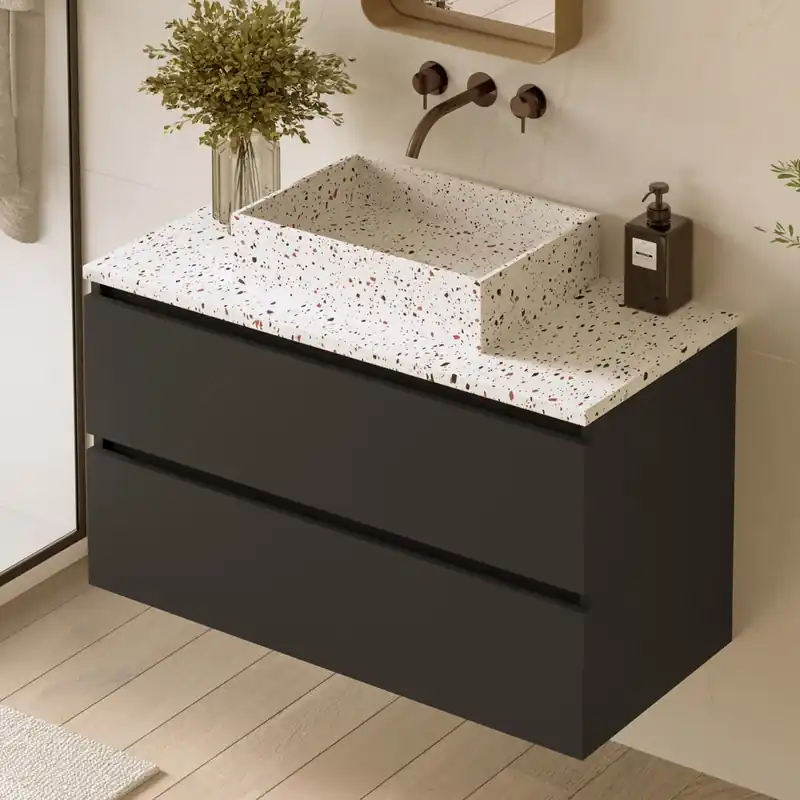 Fontana Terrazzo badmeubel 100cm mat zwart met rechthoekige waskom en toppaneel Topkwaliteit