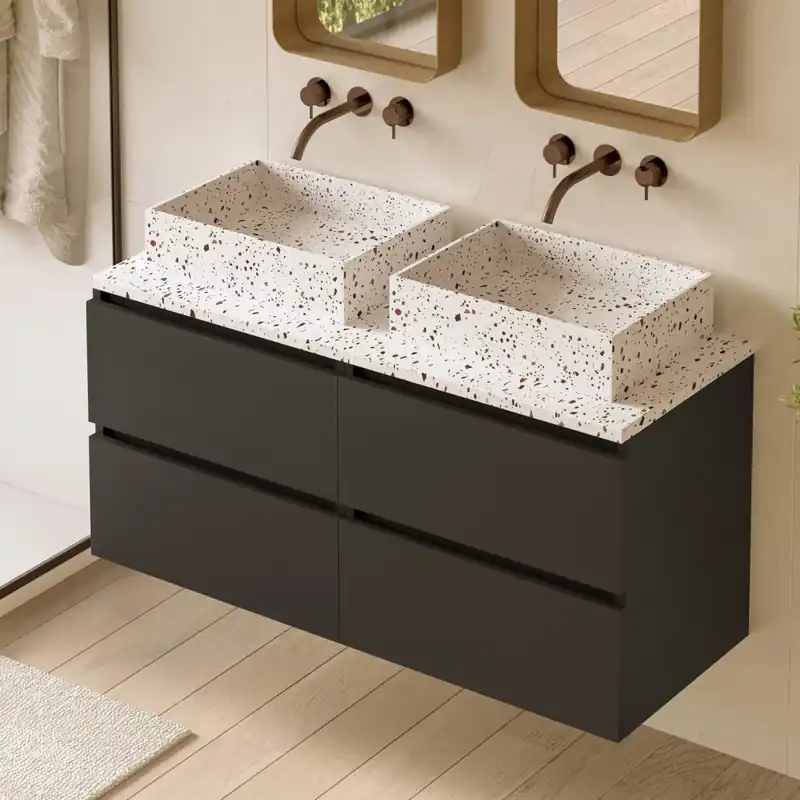 Favoriet Fontana Terrazzo badmeubel 120cm mat zwart met rechthoekige waskommen en toppaneel
