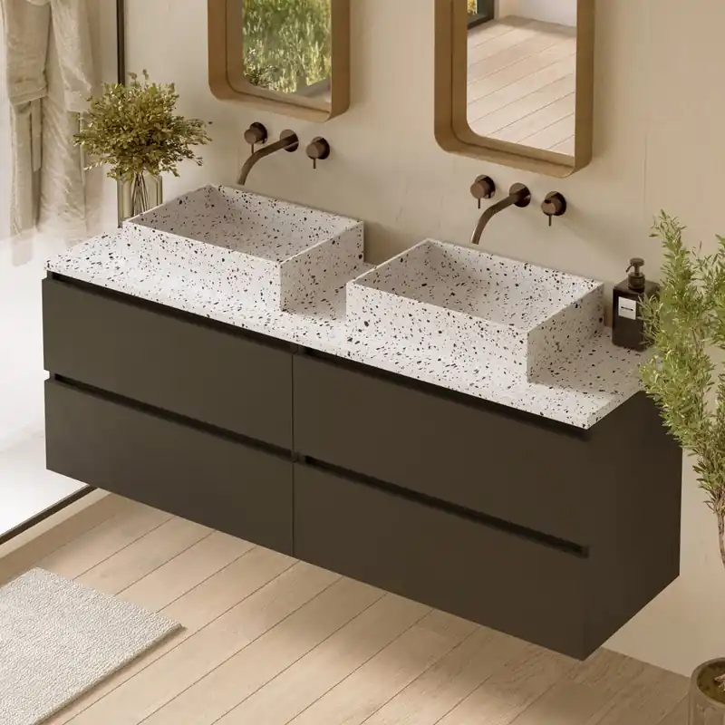 Fontana Terrazzo badmeubel 160cm mat zwart met rechthoekige waskommen en toppaneel Op = Op