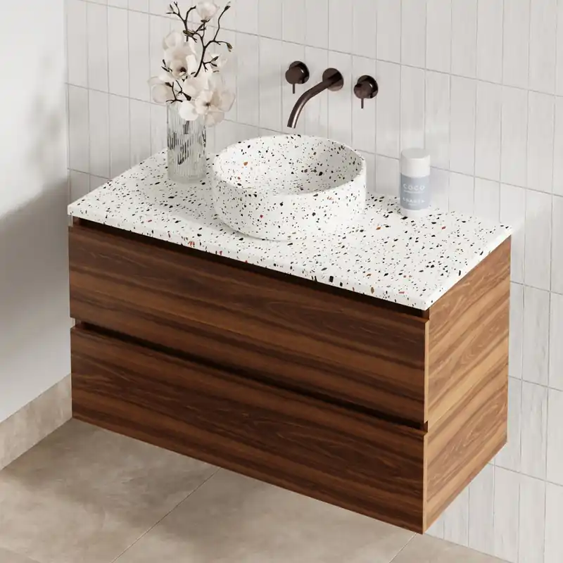 Veilige Betaling Fontana Terrazzo badmeubel 100cm walnoot met ronde waskom en toppaneel