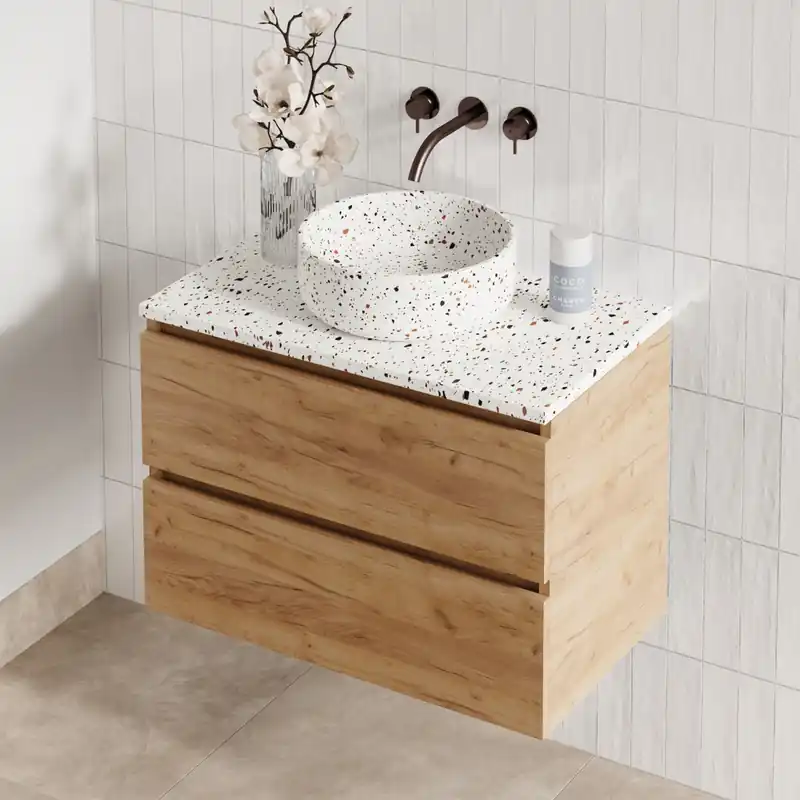 Fontana Terrazzo badmeubel 80cm warm eiken met ronde waskom en toppaneel Tijdelijk Beschikbaar