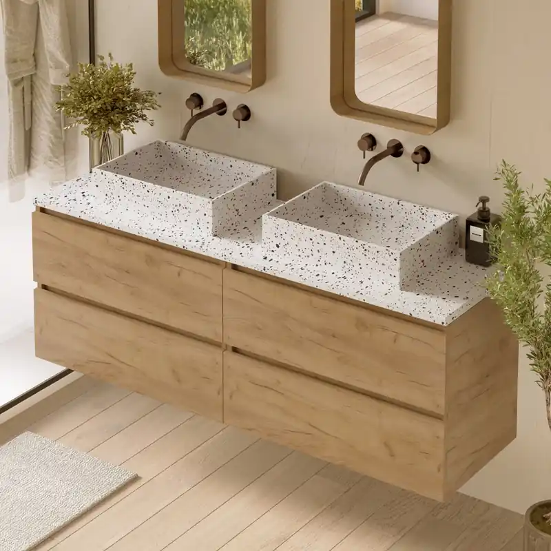 Luxe Fontana Terrazzo badmeubel 160cm warm eiken met rechthoekige waskommen en toppaneel