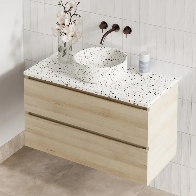 Geld-Terug-Garantie Fontana Terrazzo badmeubel 100cm beach eiken met ronde waskom en toppaneel